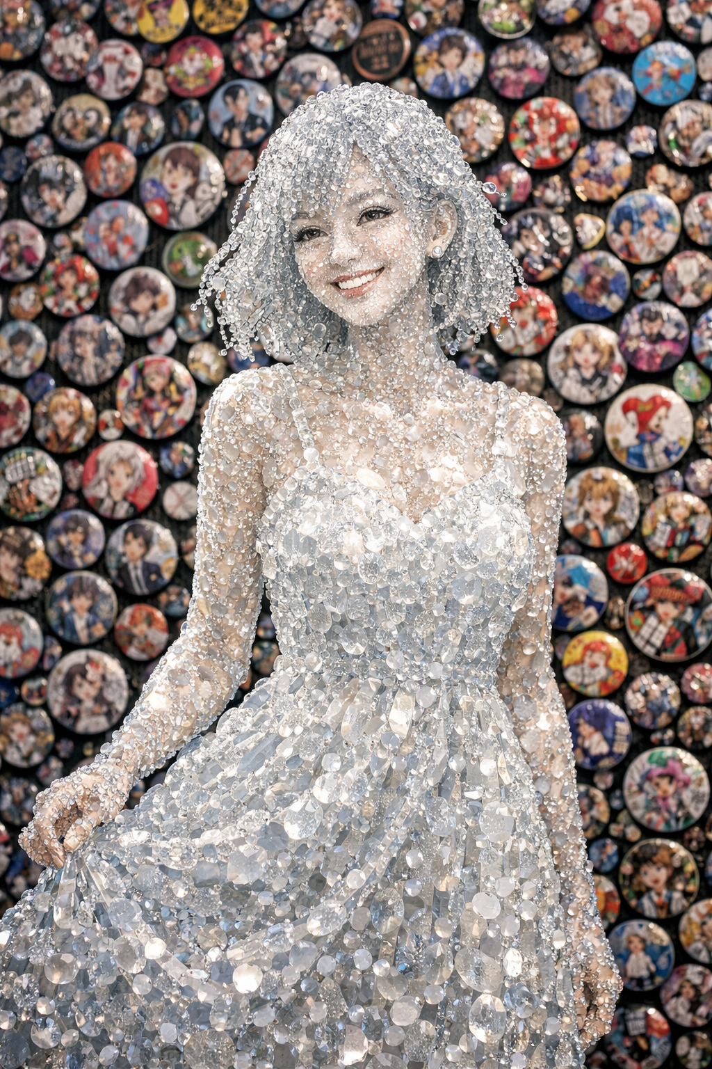 bubble crystal sculpture smiling woman summer dress