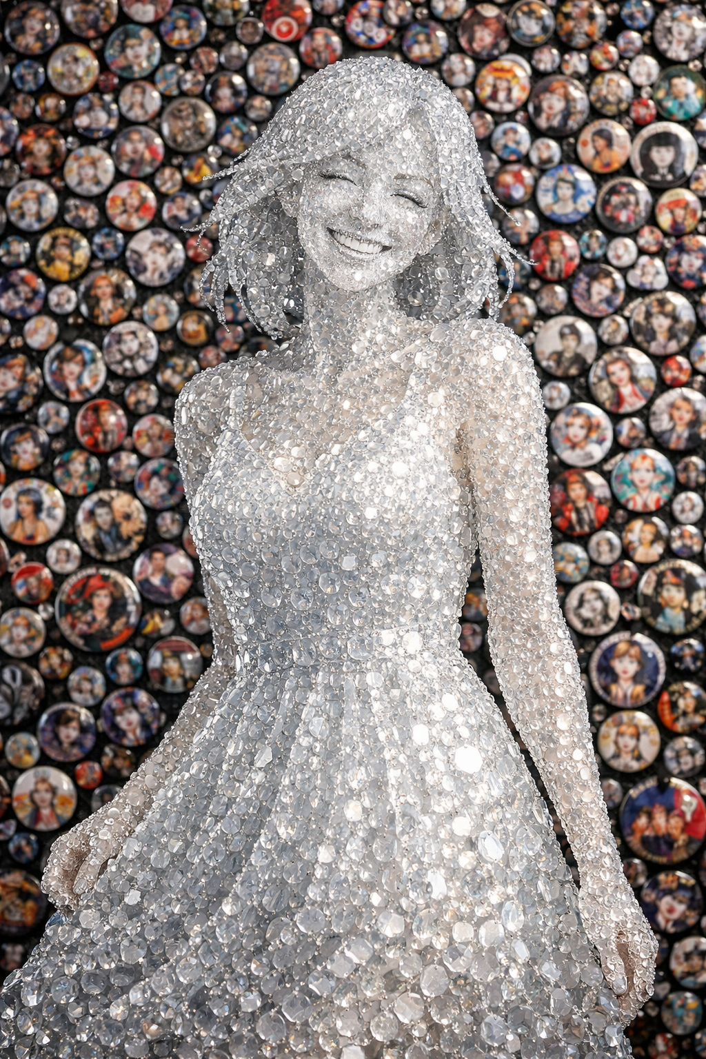 bubble crystal sculpture smiling woman summer dress