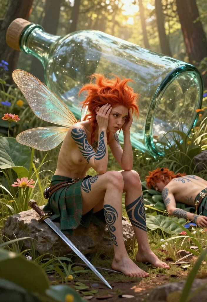 hungover faerie with bottle in forest