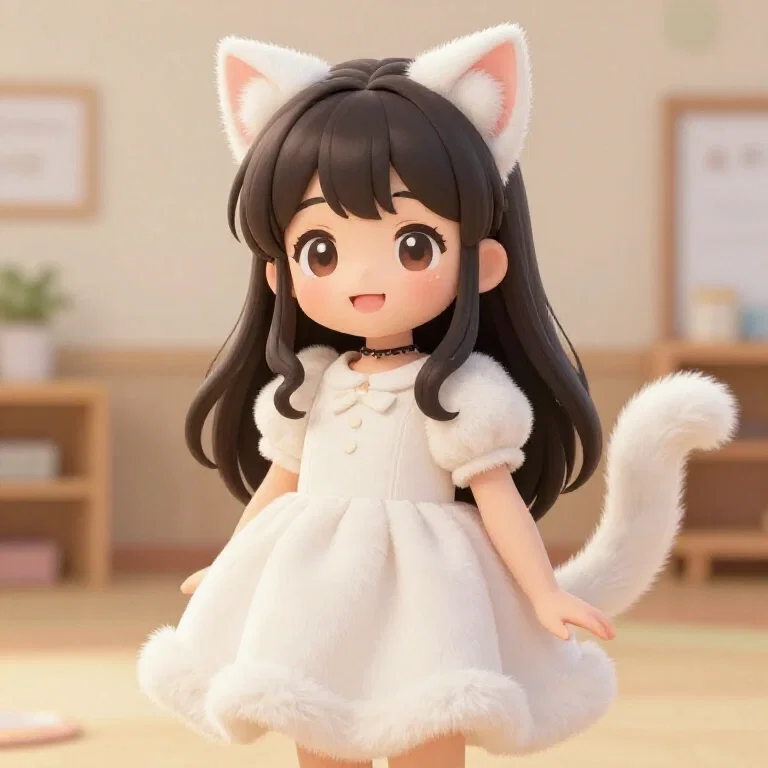 anime girl with cat ears tail dress smile