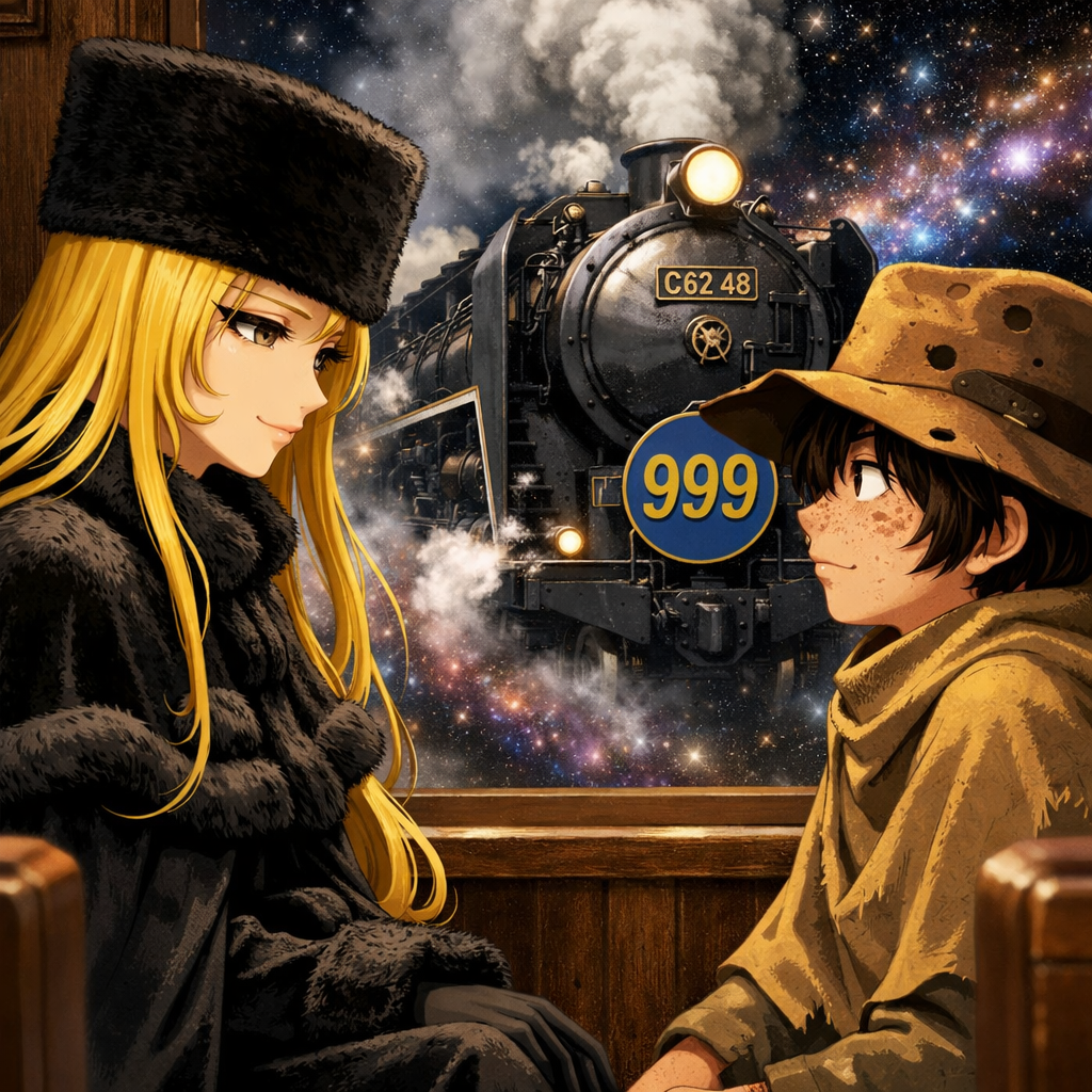 maetel and tetsuro gaze in space train