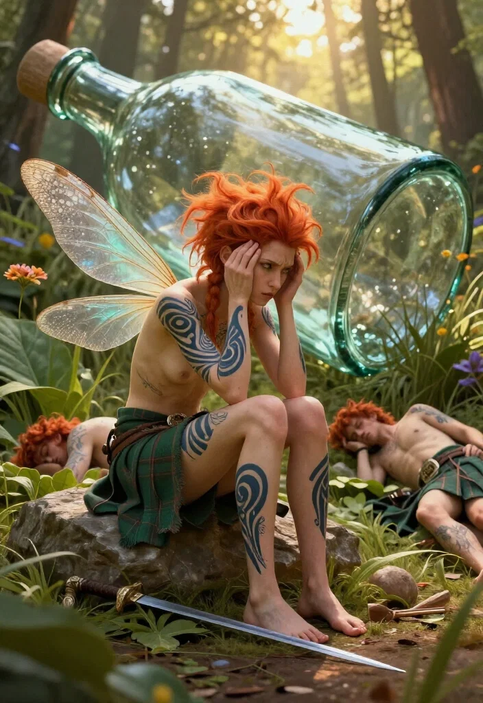 hungover faerie with empty bottle in forest