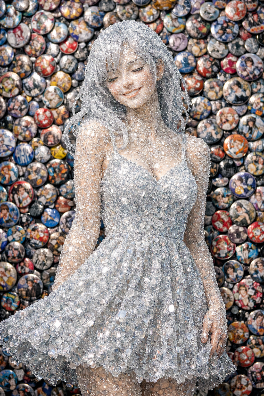 bubble crystal sculpture smiling woman summer dress