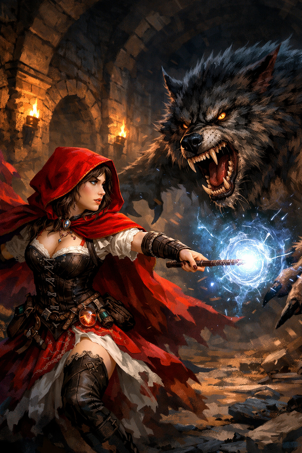 little red riding hood fights wolf monster