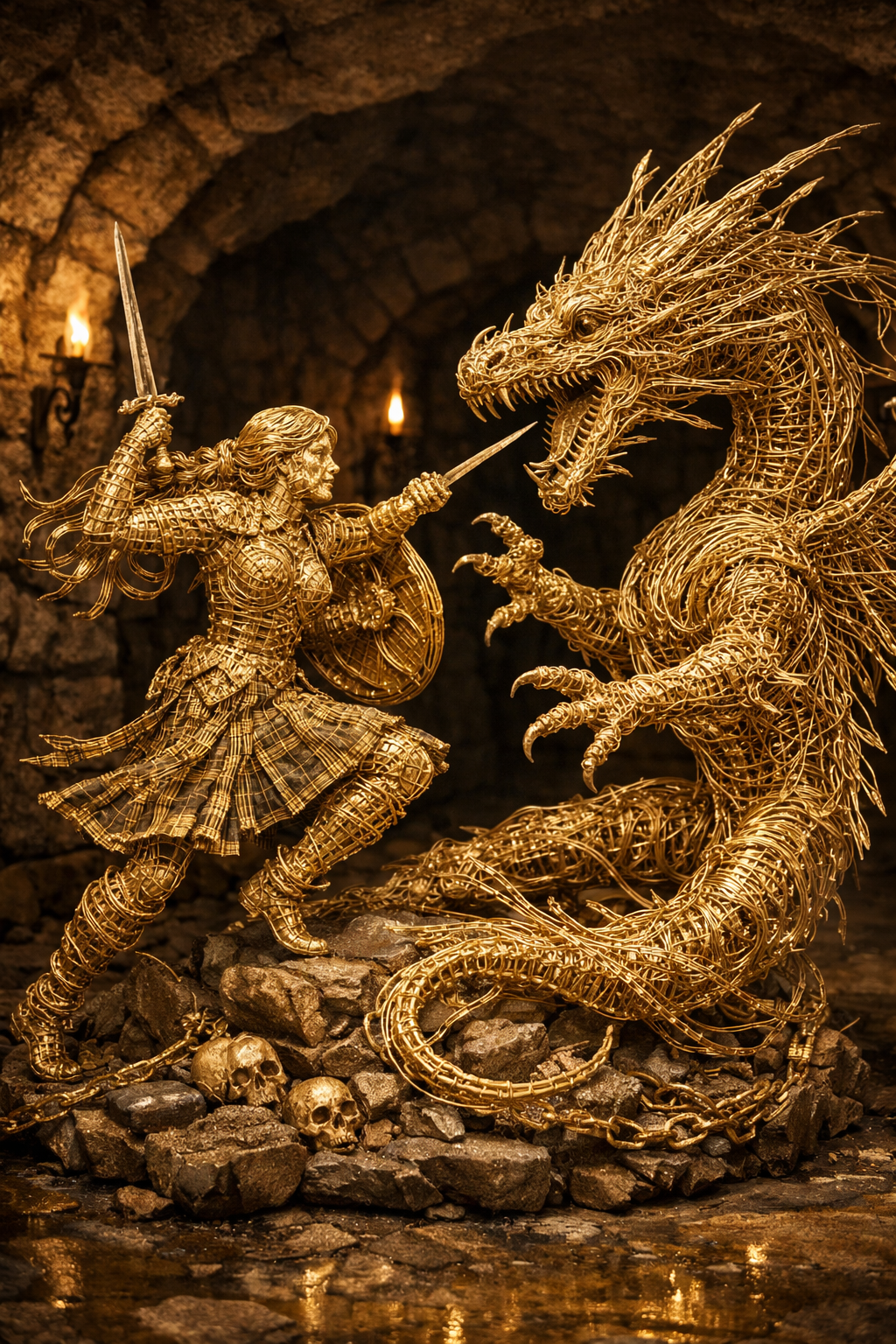 gold wire art highlander warrior battling dragon