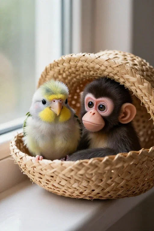 baby bird monkey straw hat window
