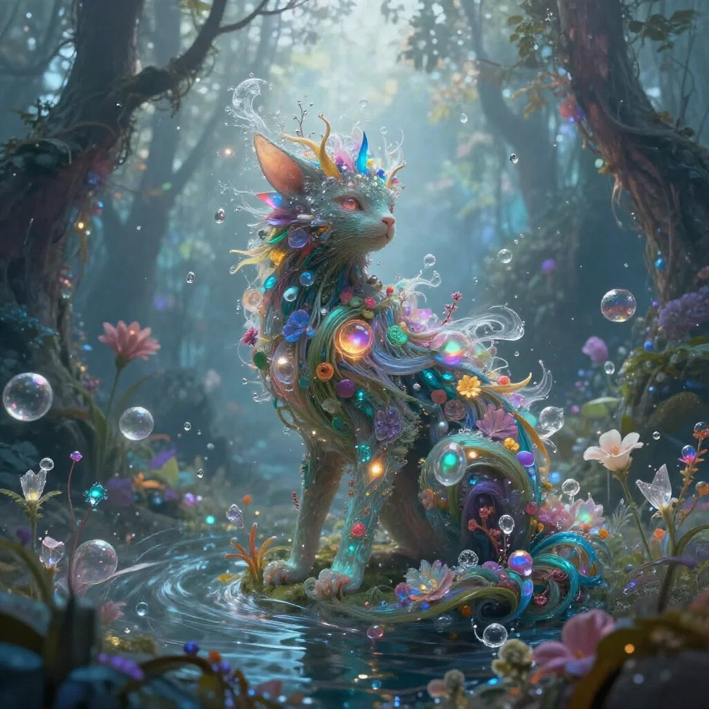 surrealism mystical creature glowing flora water