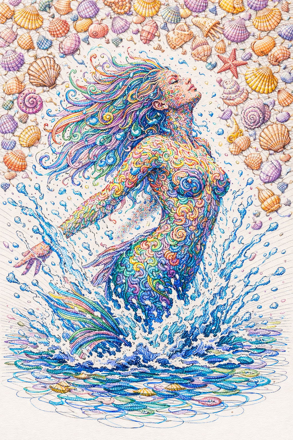 mermaid emerging from water color swirls