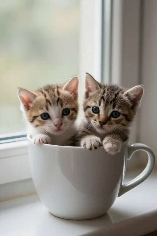 puppy and kitten in a cup by window