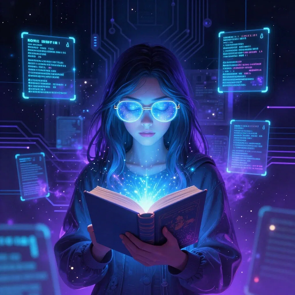 cosmic librarian with ascii art nebula background