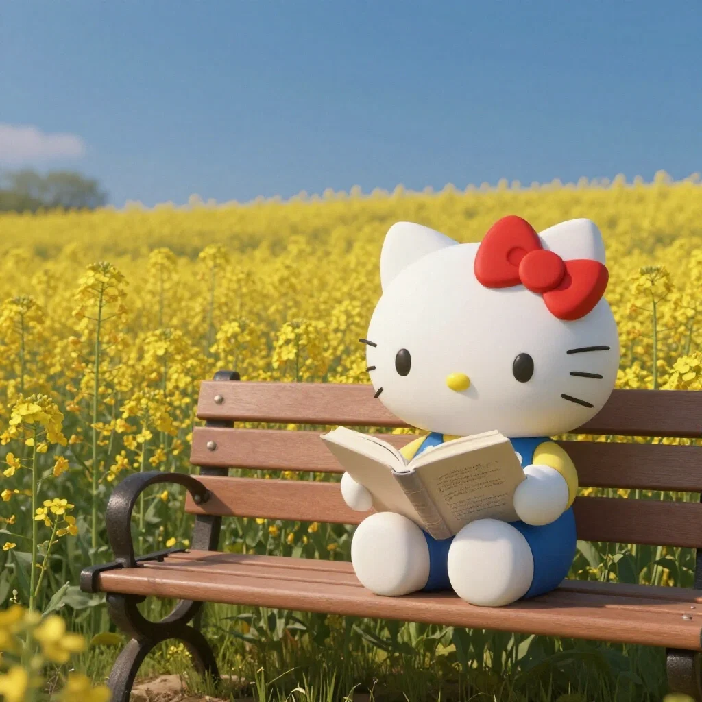 hello kitty on pench in rapeseed fields