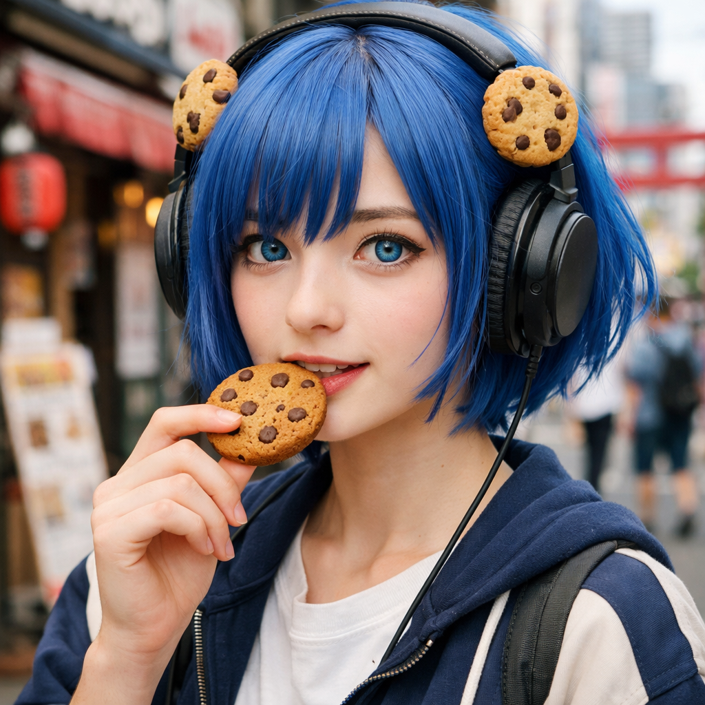 blue haired girl with cookie headphones japan