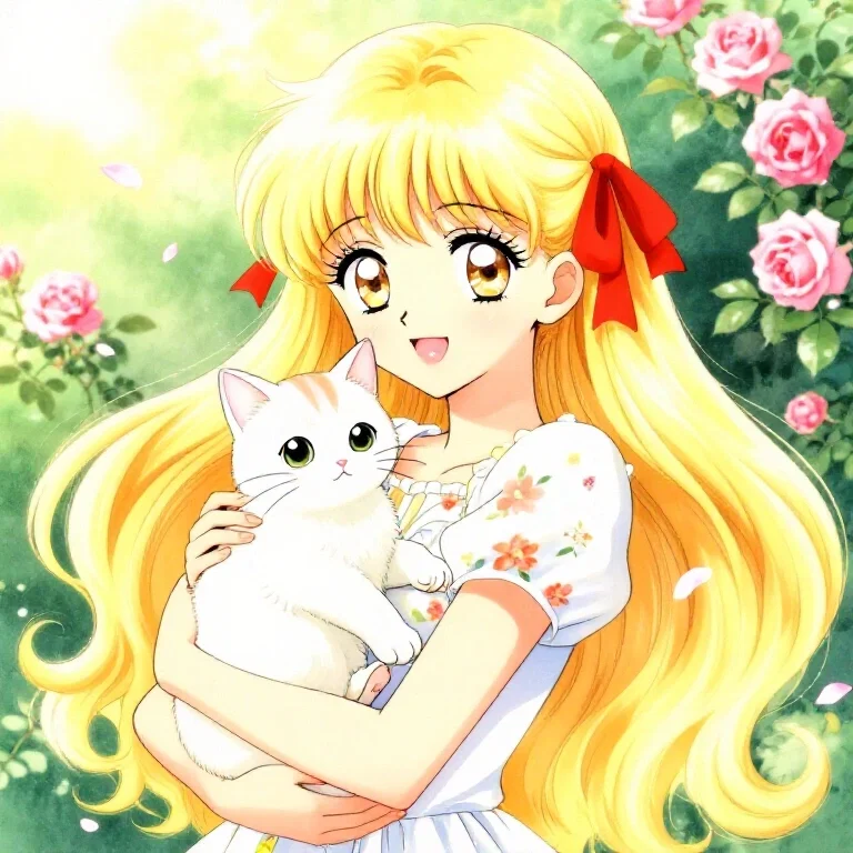 draw shoujo manga beautiful girl holding kitten