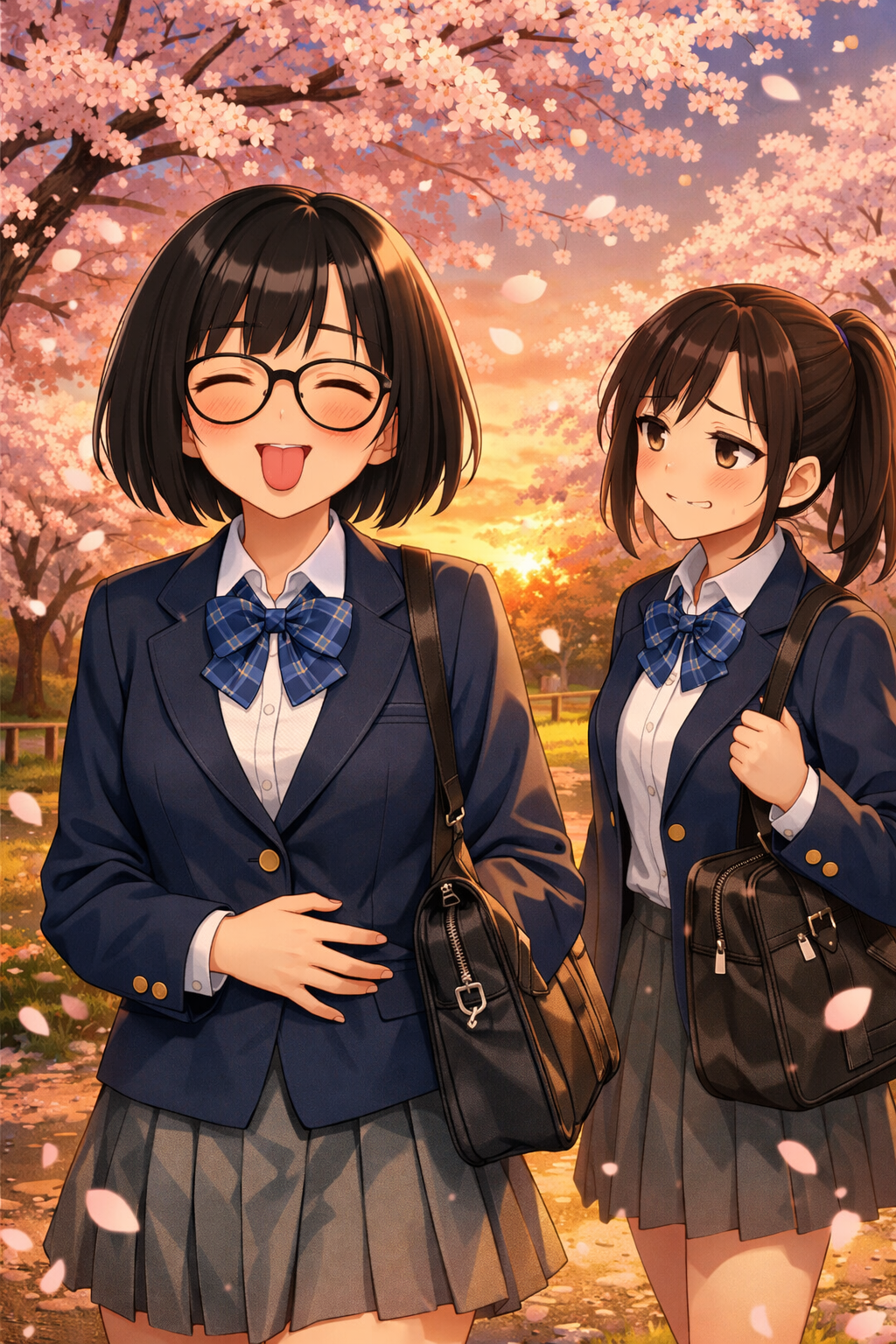 anime schoolgirls cherry blossom park sunset