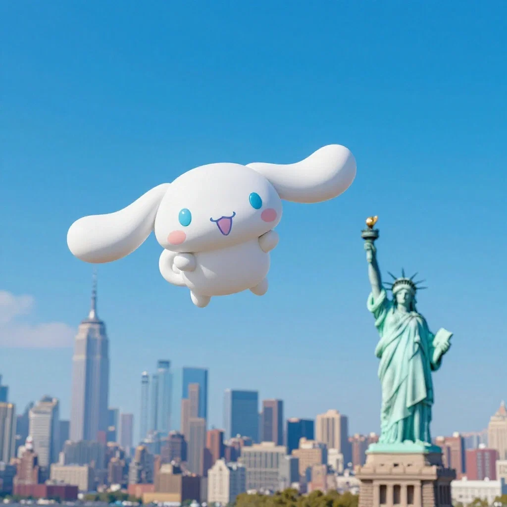 cinnamoroll flying over new york skyline