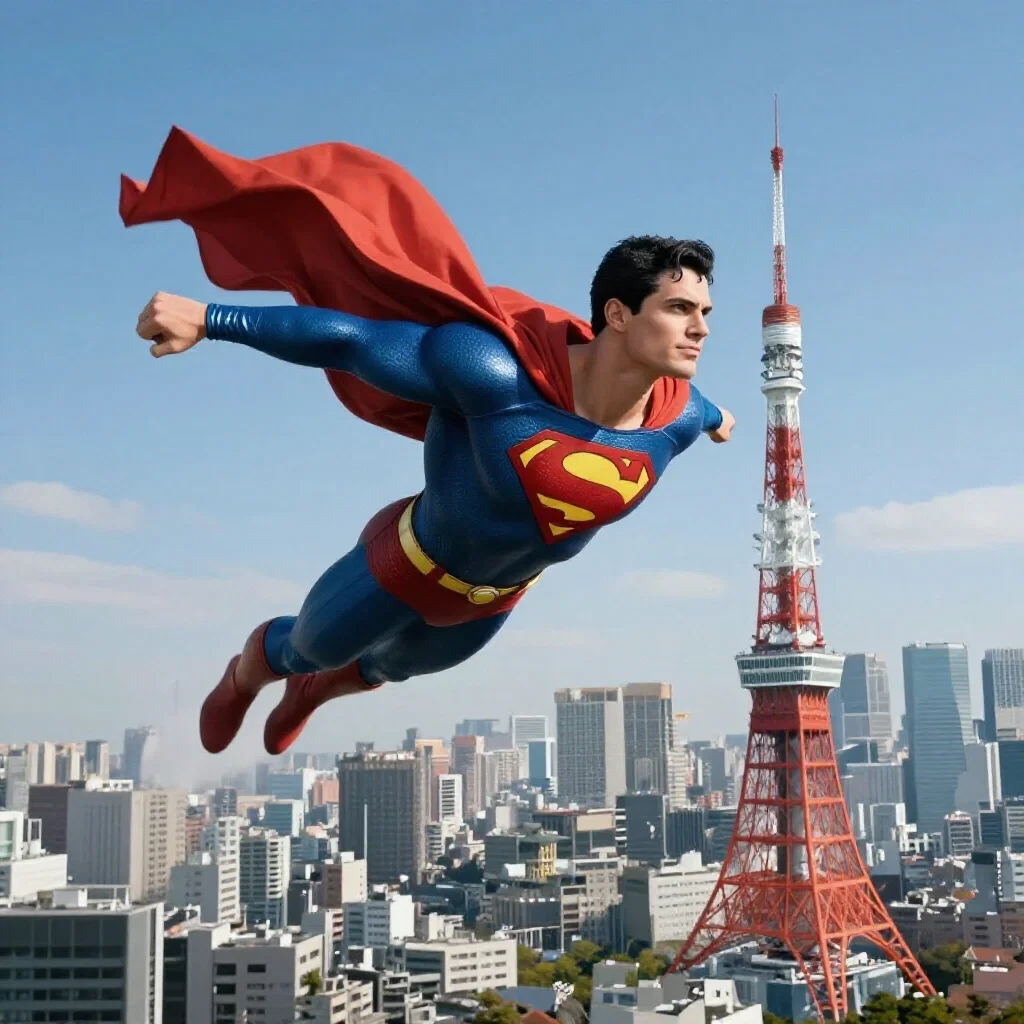 superman flying over tokyo cityscape