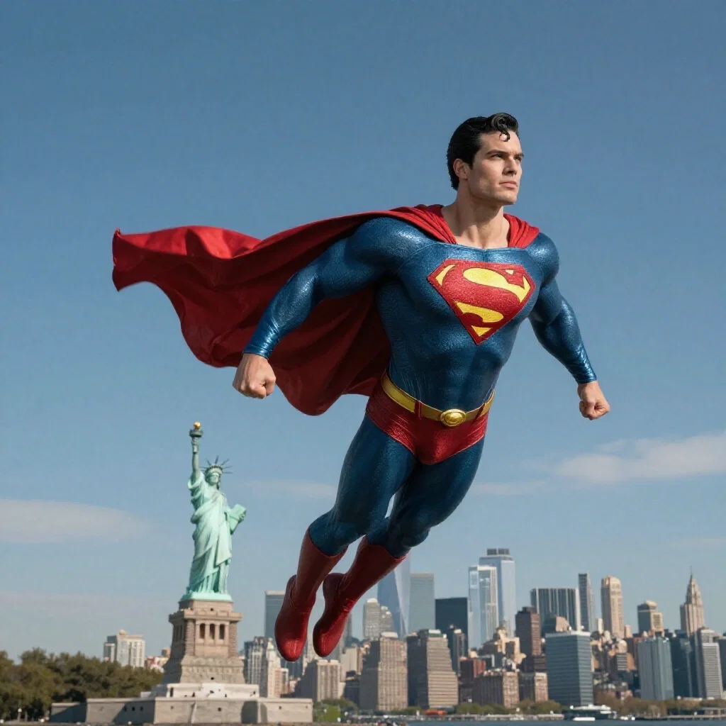 muscular superman flying over new york city