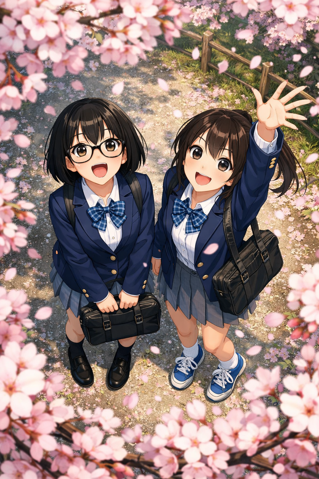 anime girls under cherry blossoms