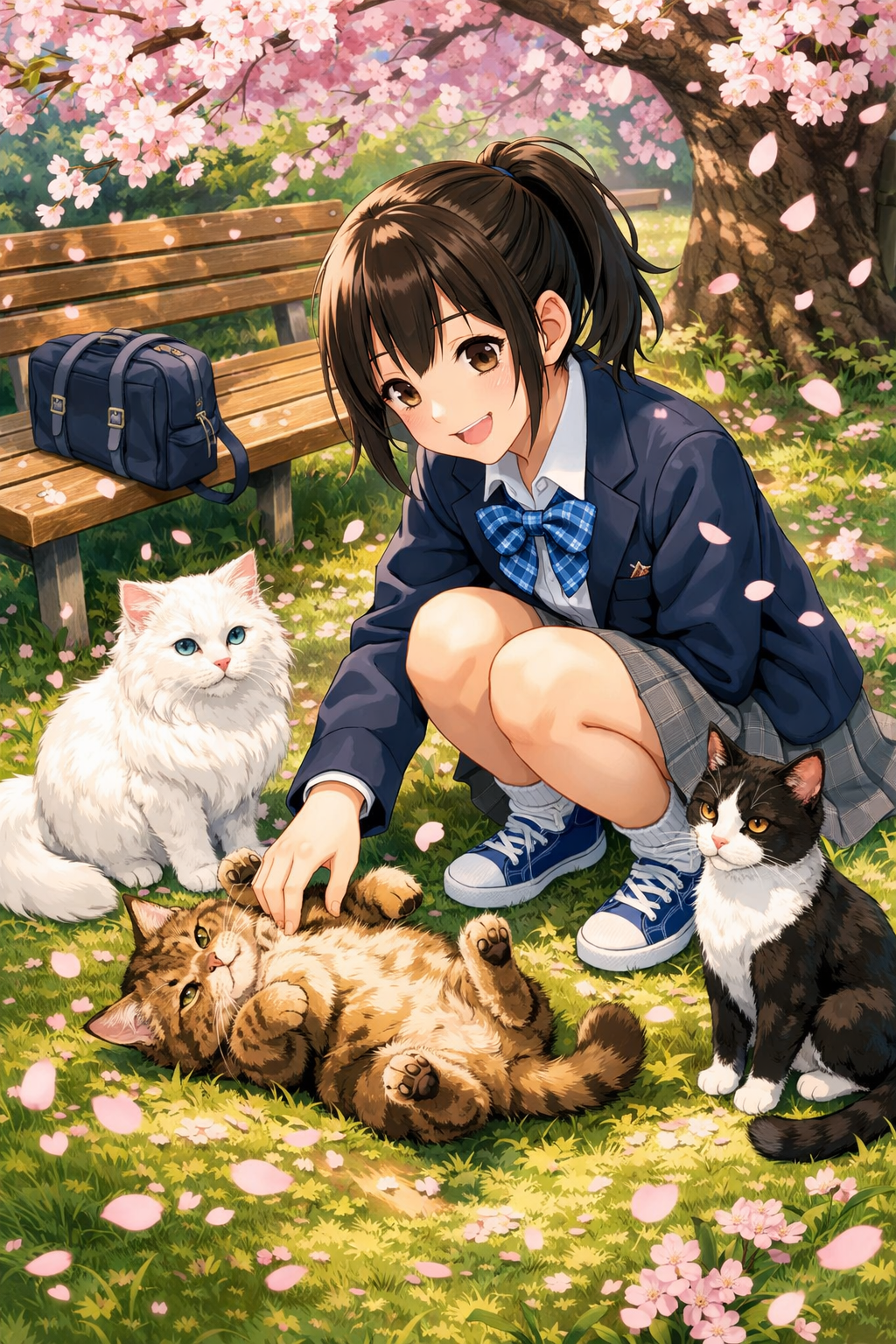 anime girl petting cats under cherry blossoms