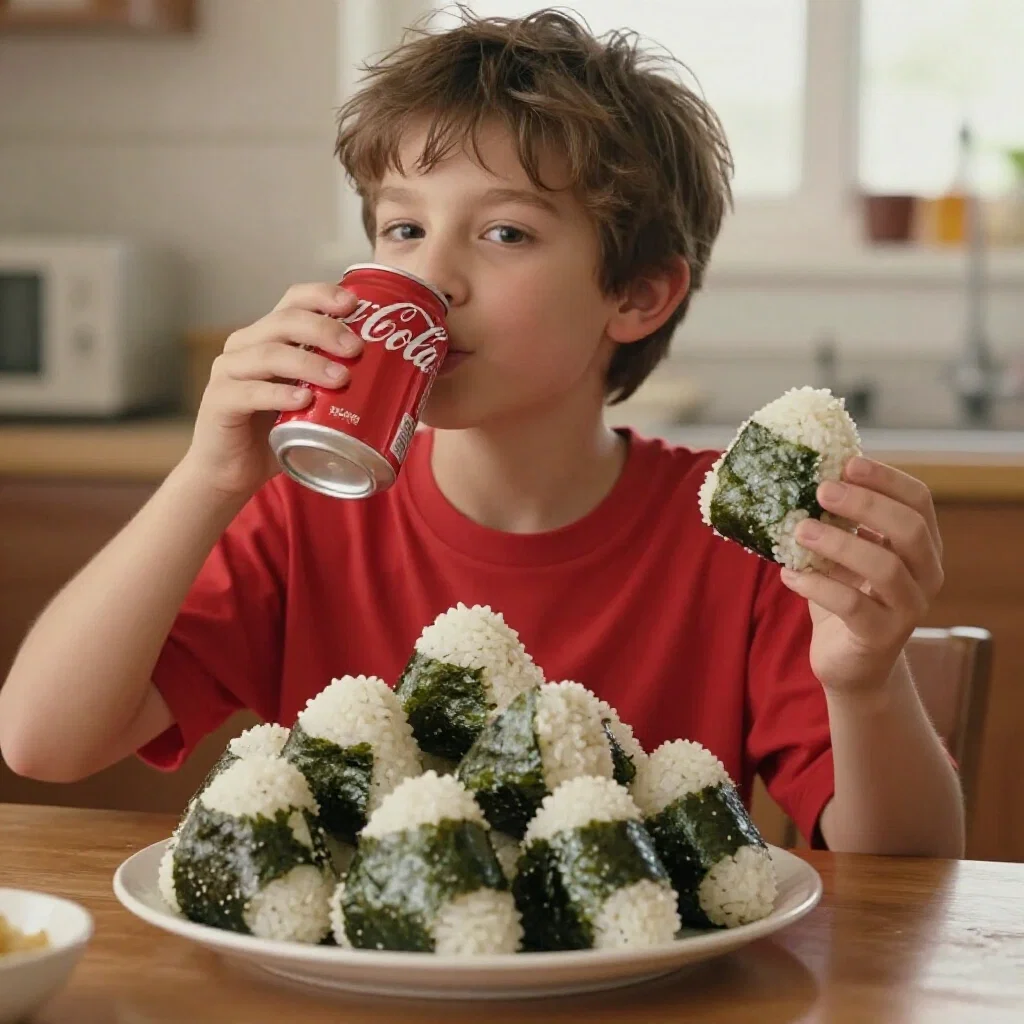 boy with rice ball and coke at table