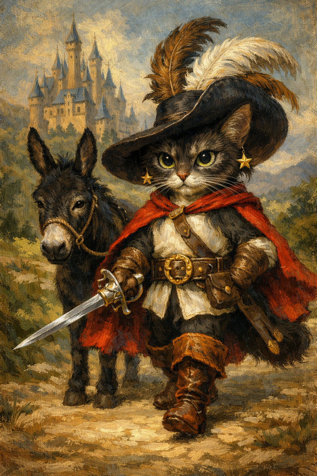 fantasy cat warrior with sword and donkey
