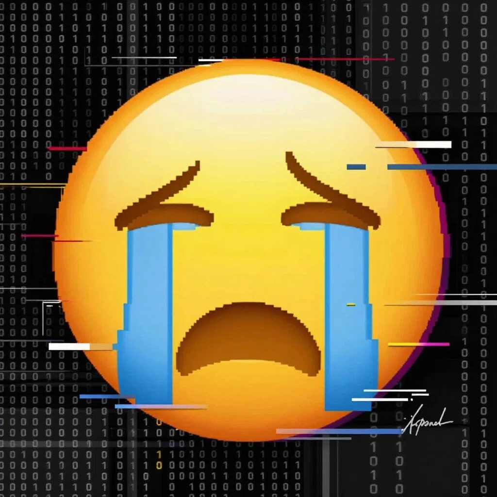 glitch art fragmented ascii crying emoji