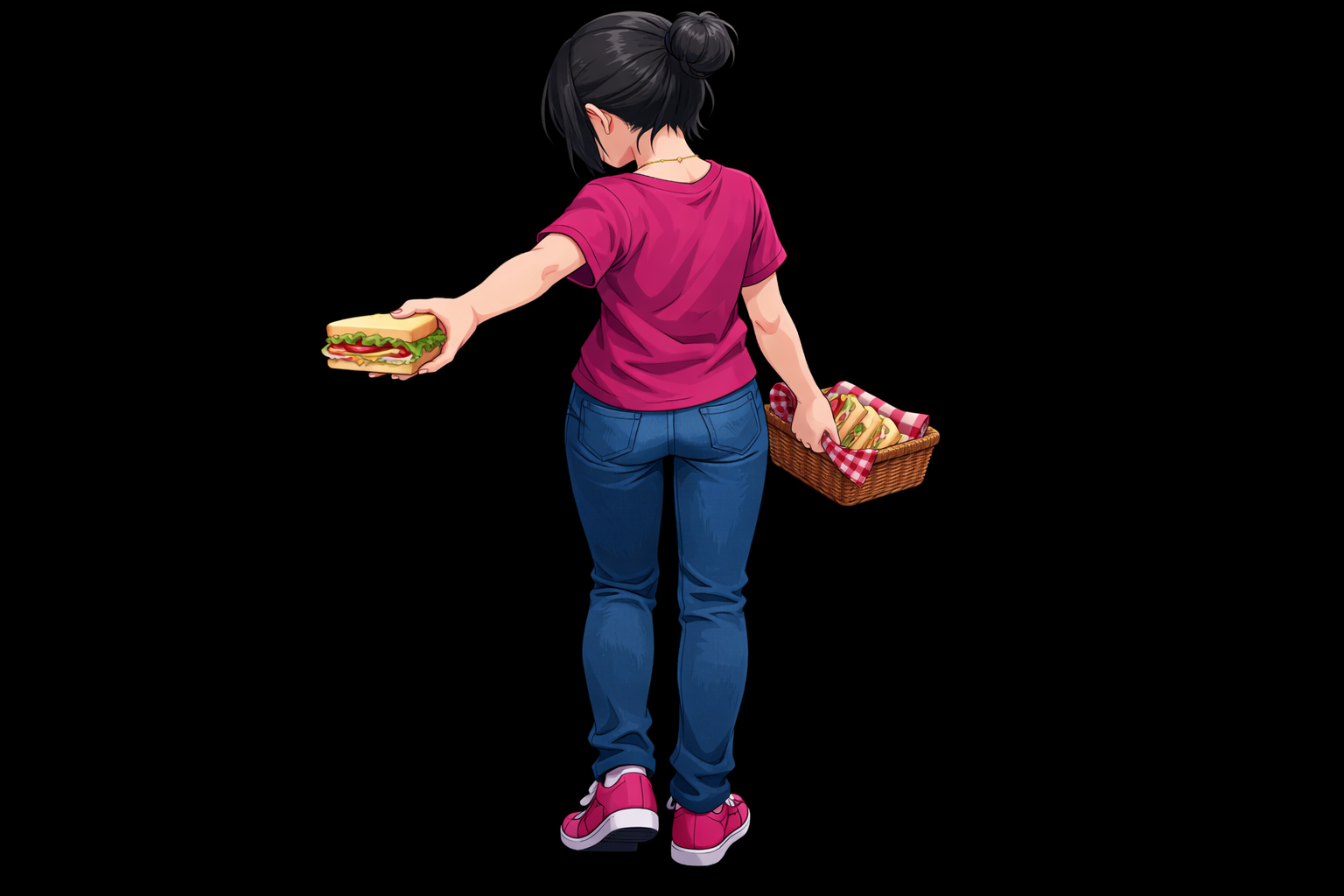 sad girl offering sandwich back view