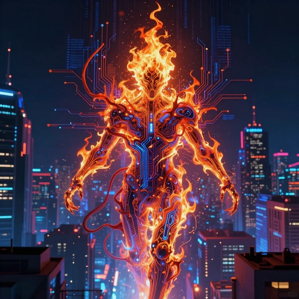 cyberpunk flame entity digital circuitry futuristic city