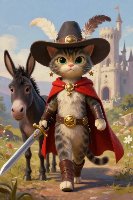 fantasy cat warrior with sword and donkey