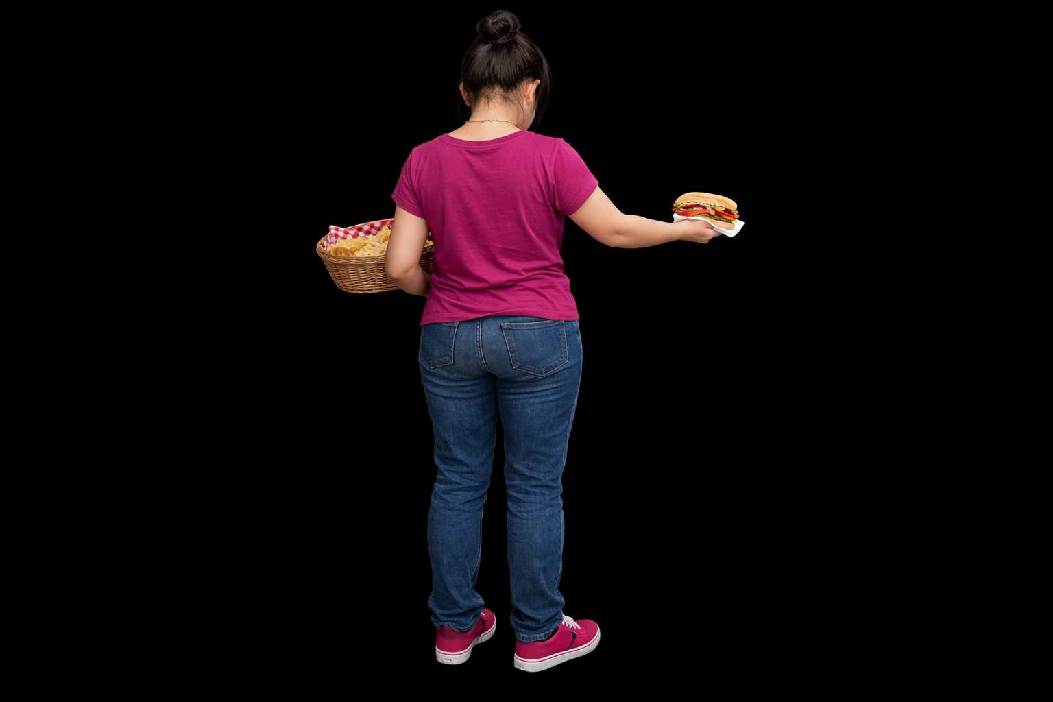 sad girl back view offering sandwich