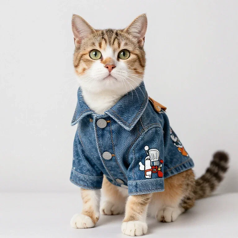 cat wearing painterly jeans