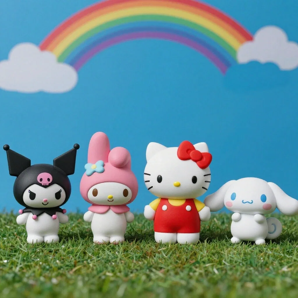 sanrio characters studio portrait with rainbow