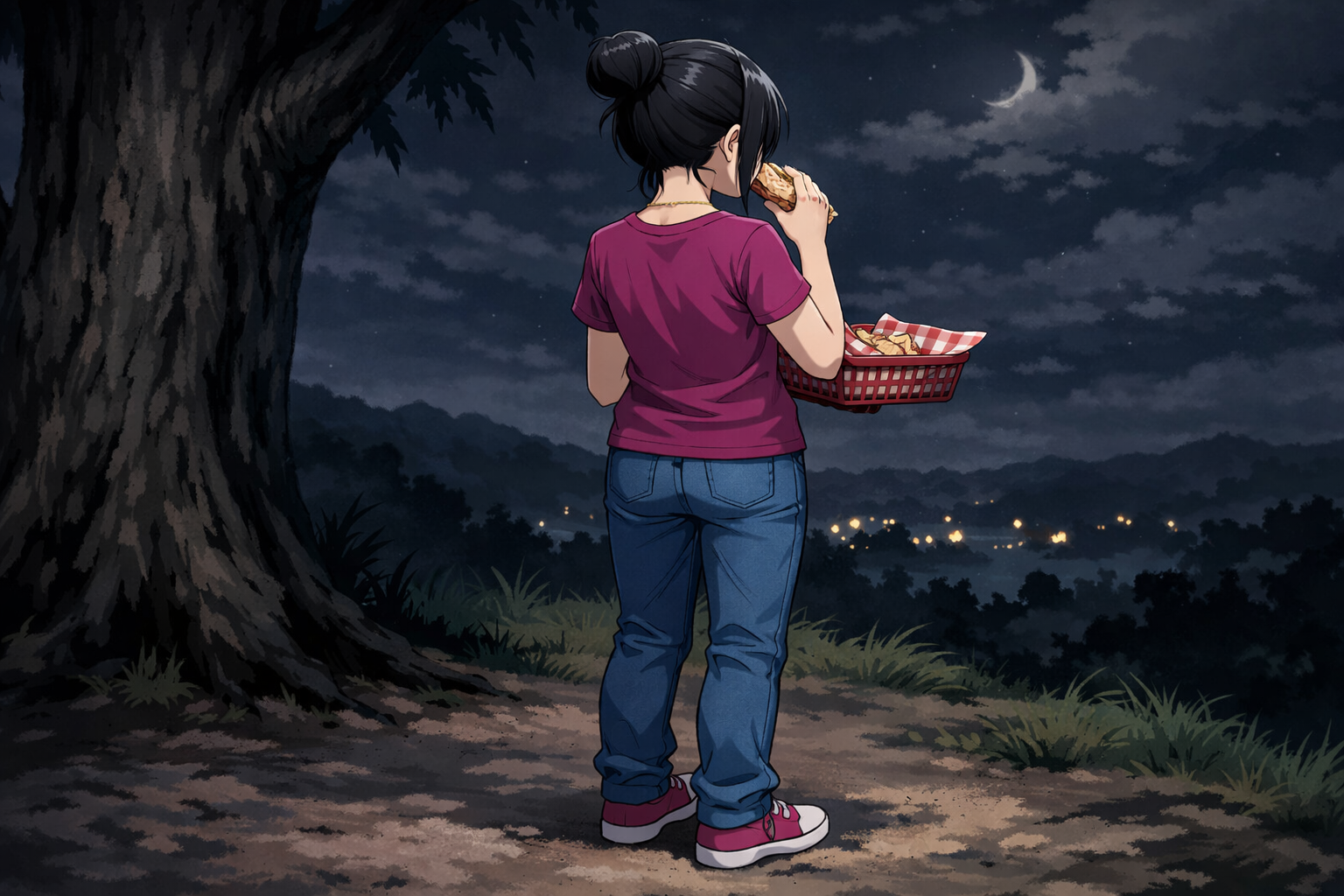 sad girl eating sandwich at night