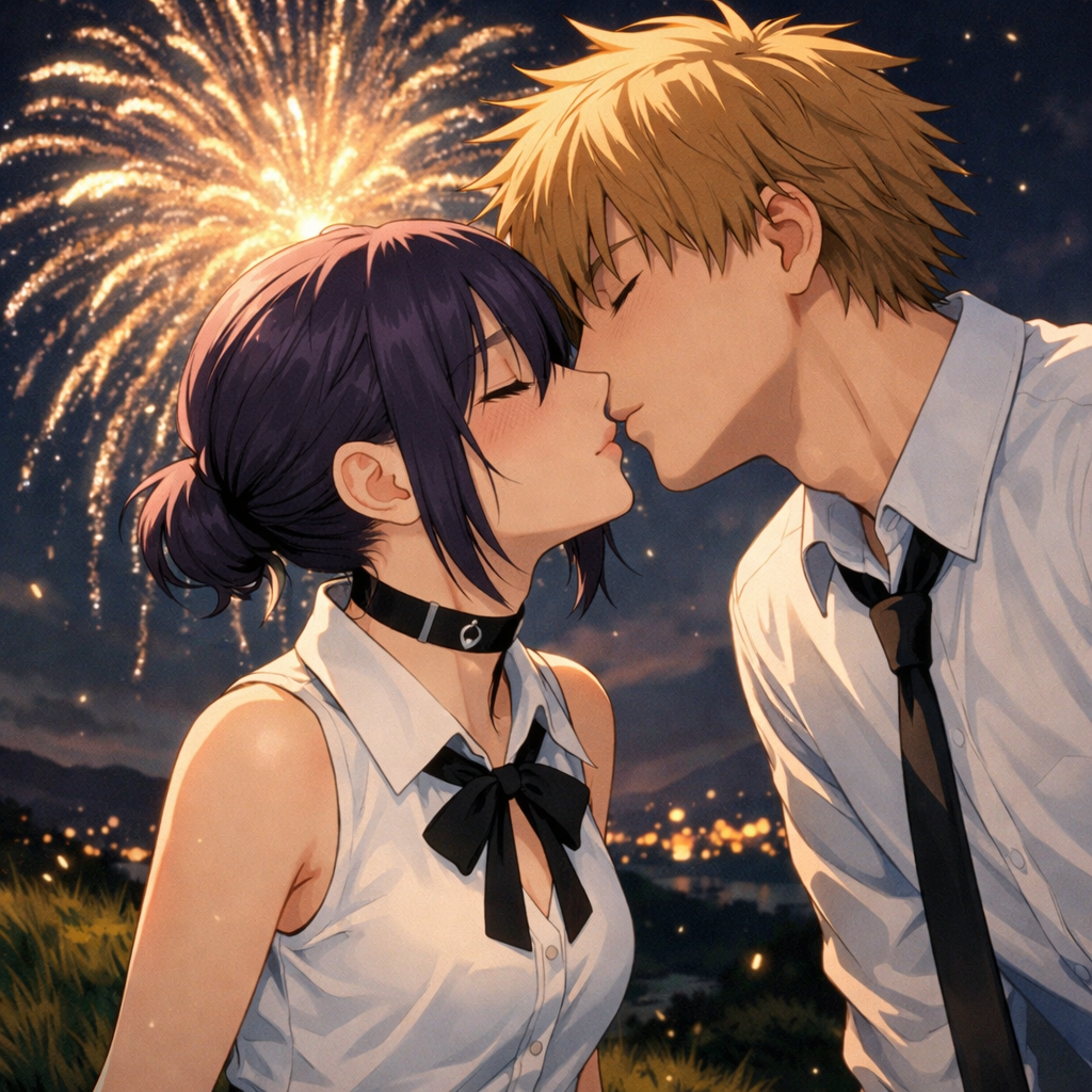 reze and denji kiss at night fireworks