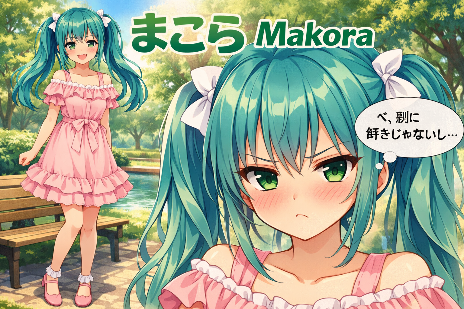 makora blue green haired girl in park