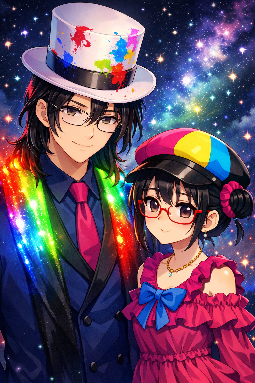 modern anime illustration two characters starry night