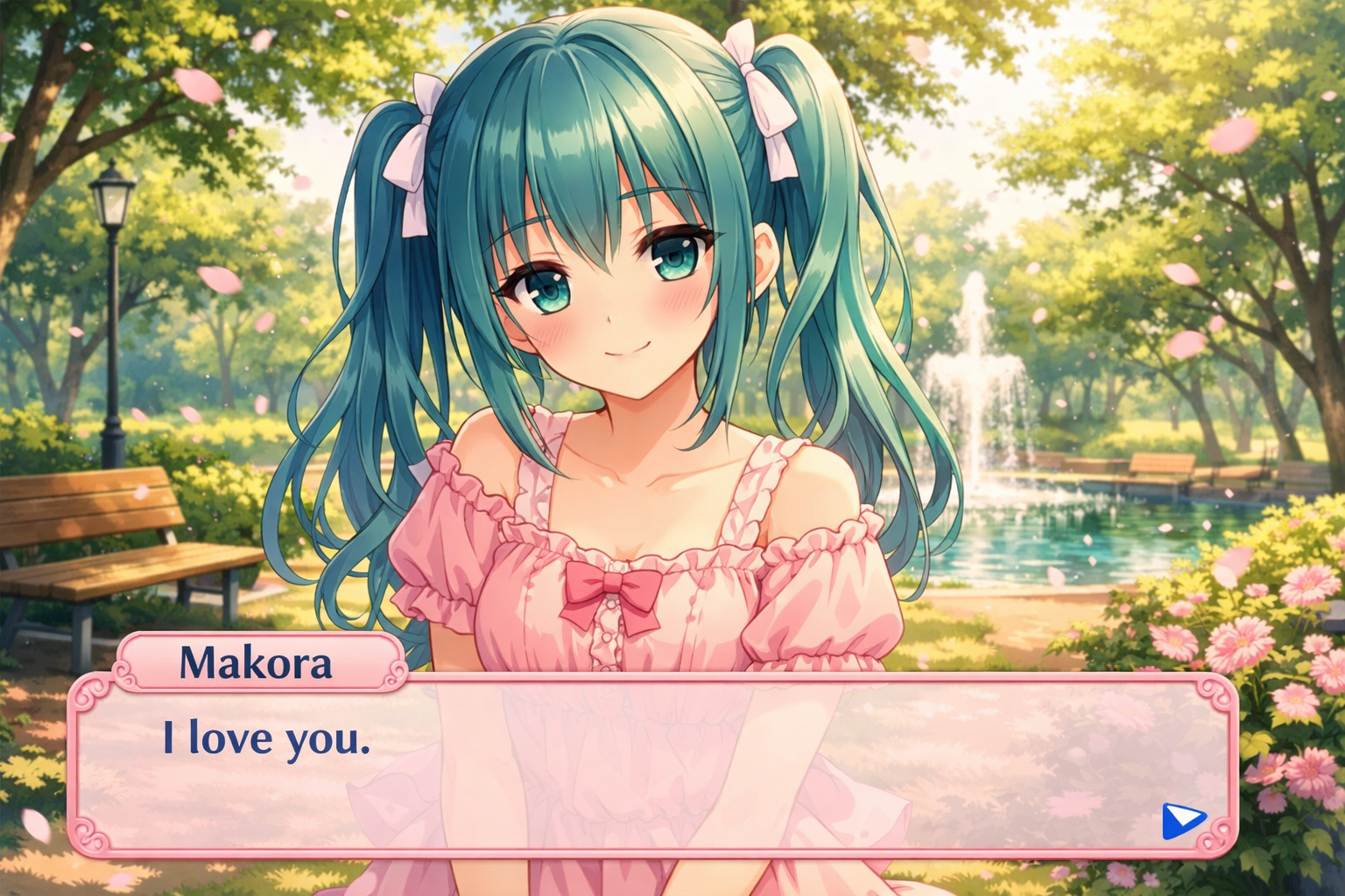 makora blue green hair pink dress park