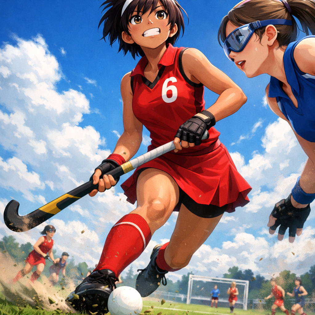 field hockey anime girl running with ball
