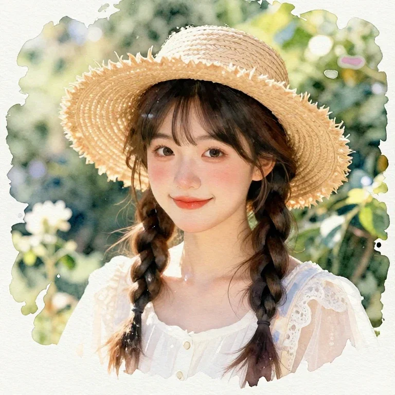 girl smiling braided hat watercolor garden light