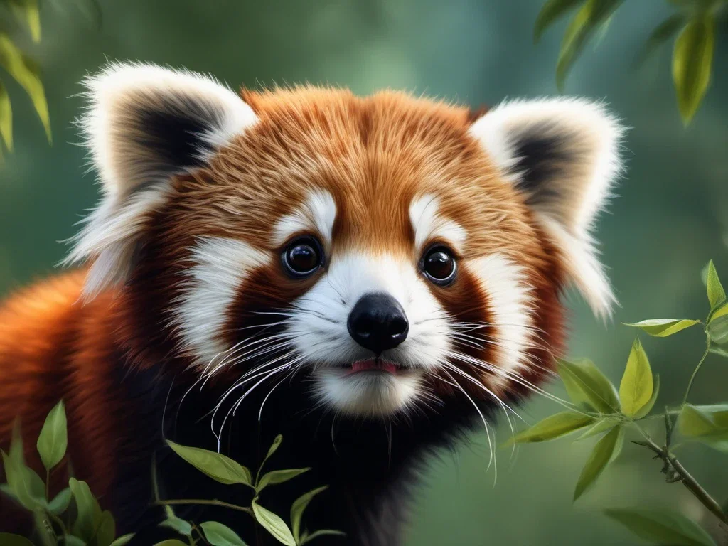 baby red panda portrait touching branch tongue out