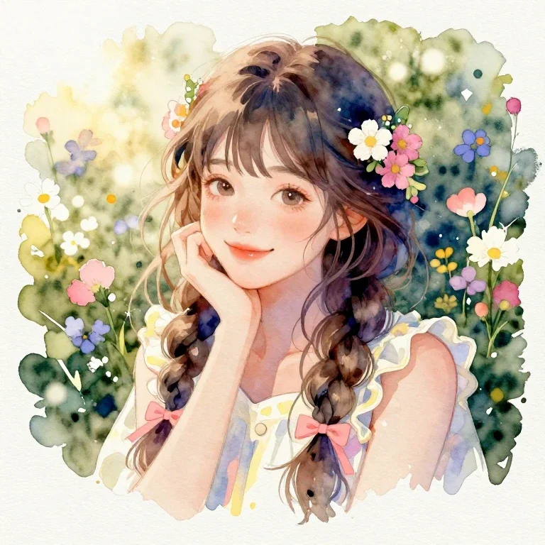 girl with flowers in garden watercolor portrait