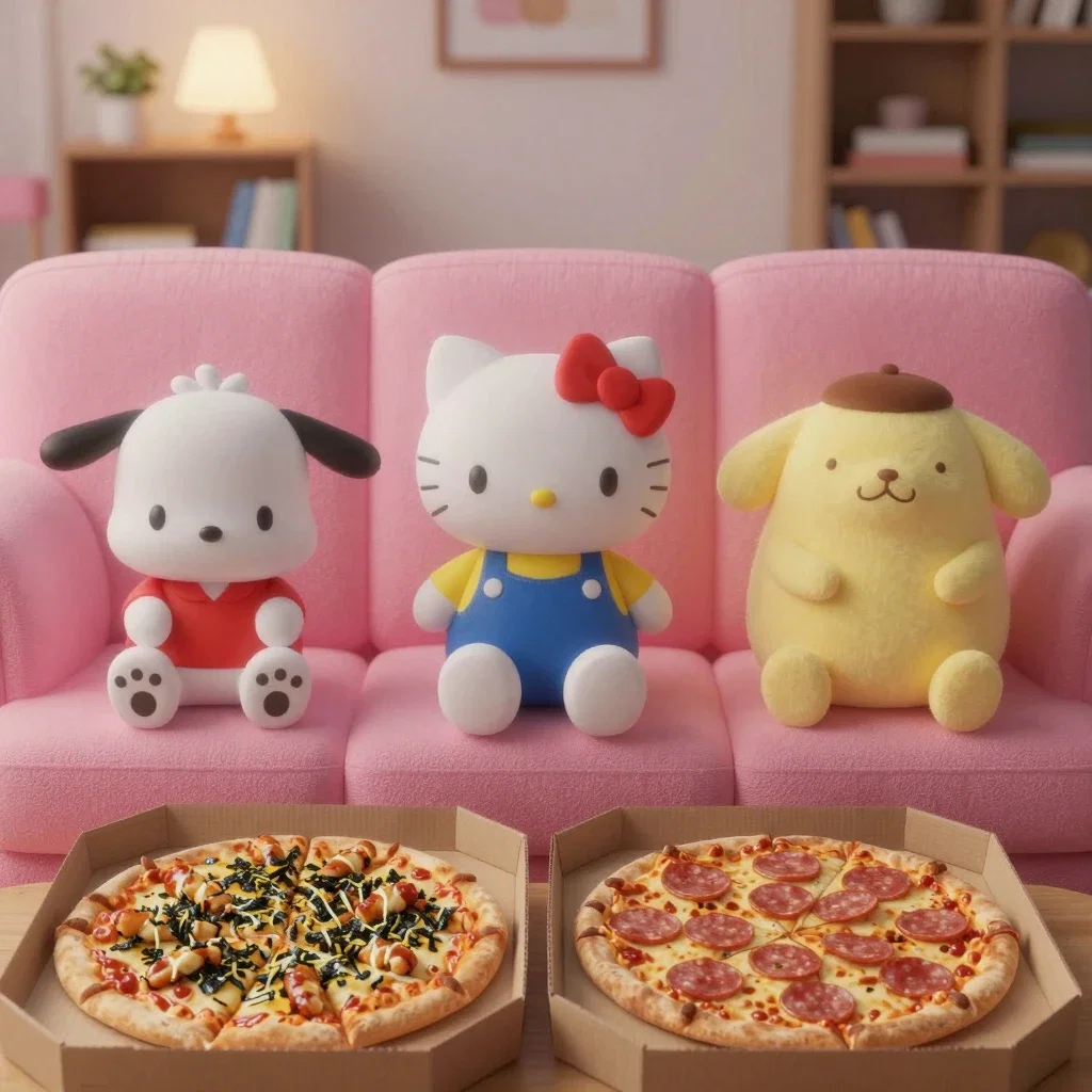 pochacco hello kitty pompompurin on pink sofa