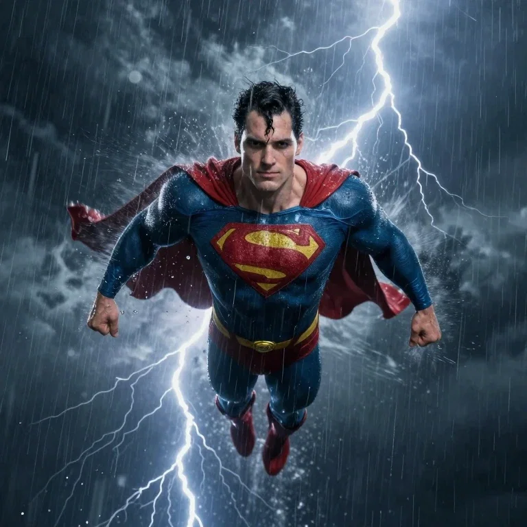 superman flying through storm lightning