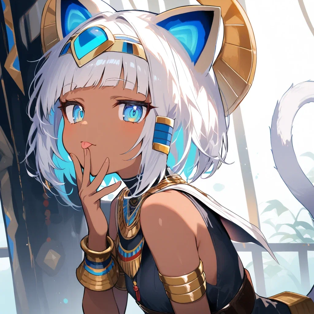 cute girl cat ears white tail blue eyes
