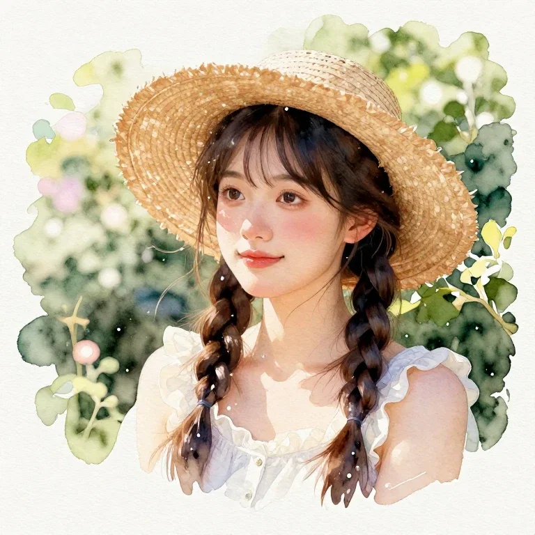 girl smiling braided hat watercolor garden light