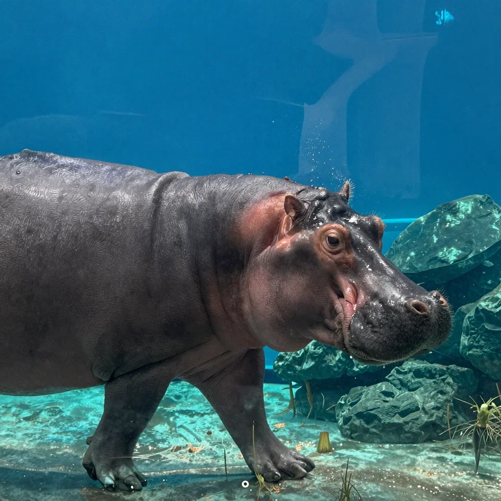 hippopotamus walking in tank
