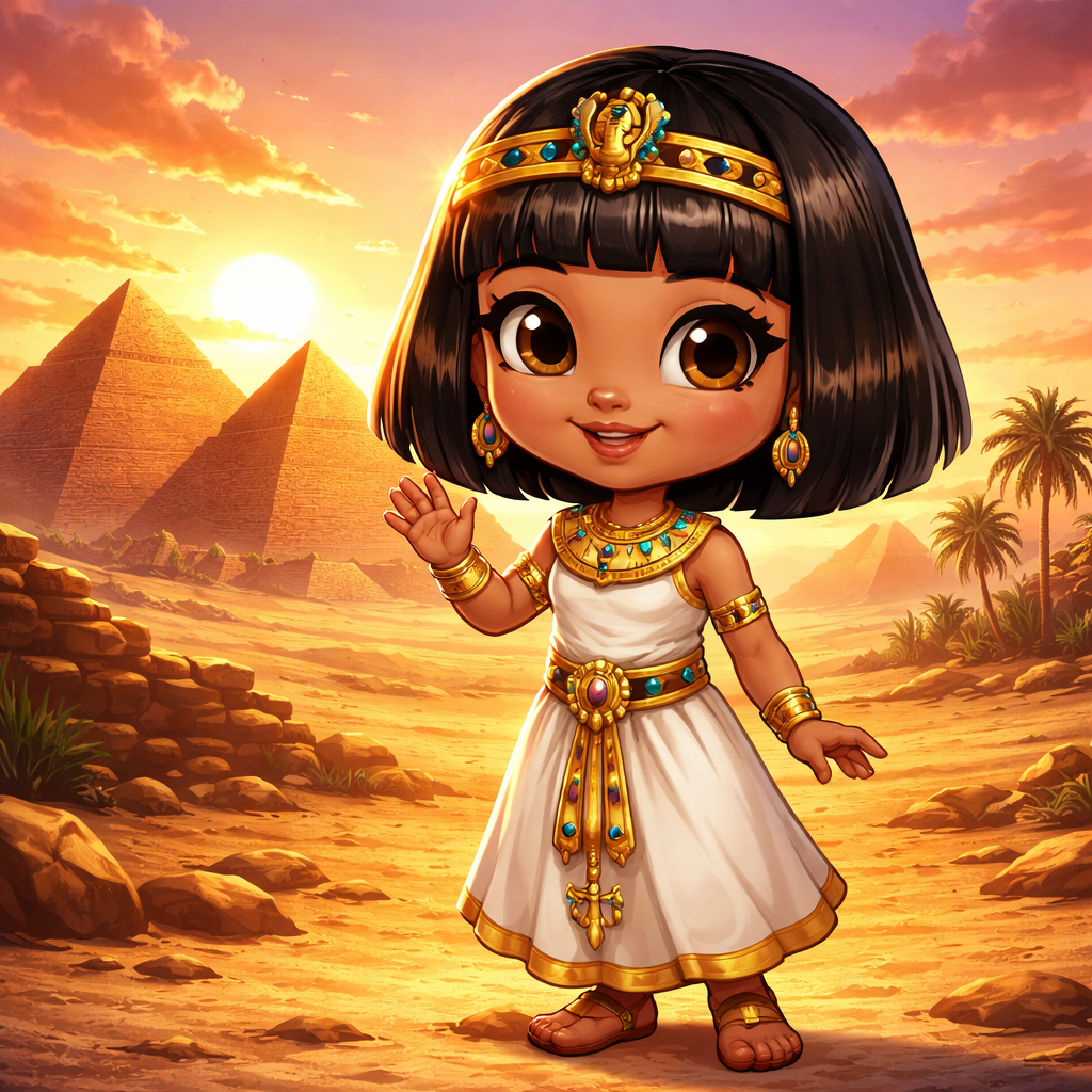egyptian girl smiling at pyramids sunset