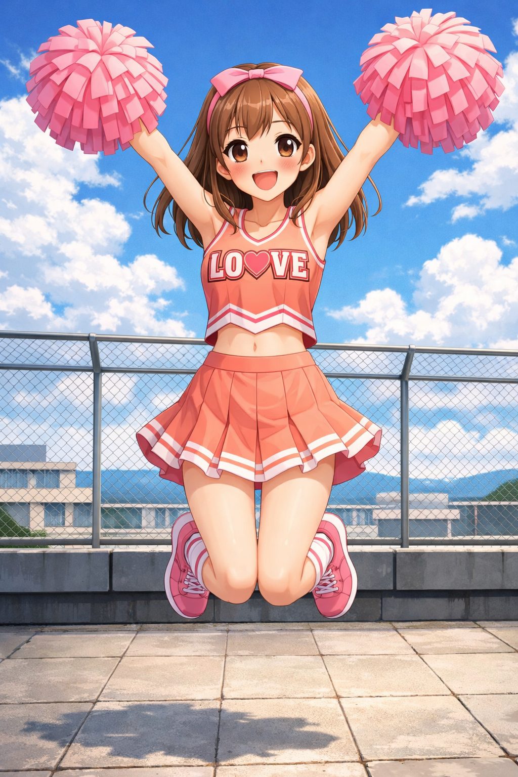cheerleader anime girl jumping school rooftop