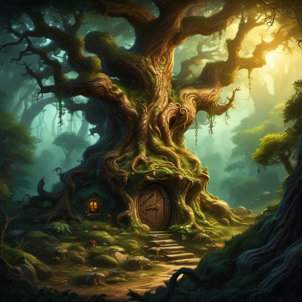 fantasy art ancient gnarled oak tree elven dwelling