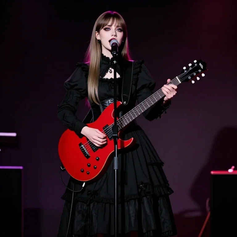 european woman singing with guitar in gothic dress